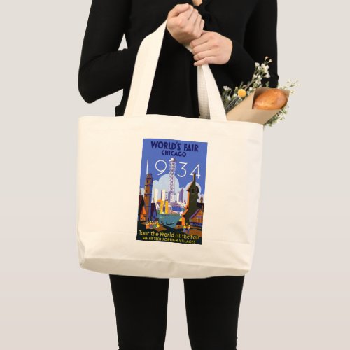 Vintage Art Deco Chicago 1934 Worlds Fair Poster Large Tote Bag