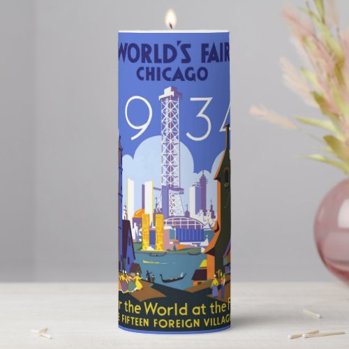 Vintage Art Deco Chicago 1934 Worlds Fair Poster Pillar Candle