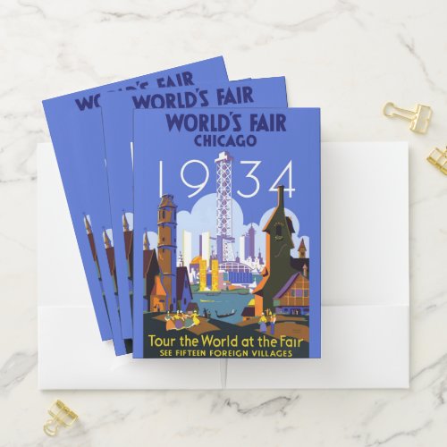 Vintage Art Deco Chicago 1934 Worlds Fair Poster Pocket Folder