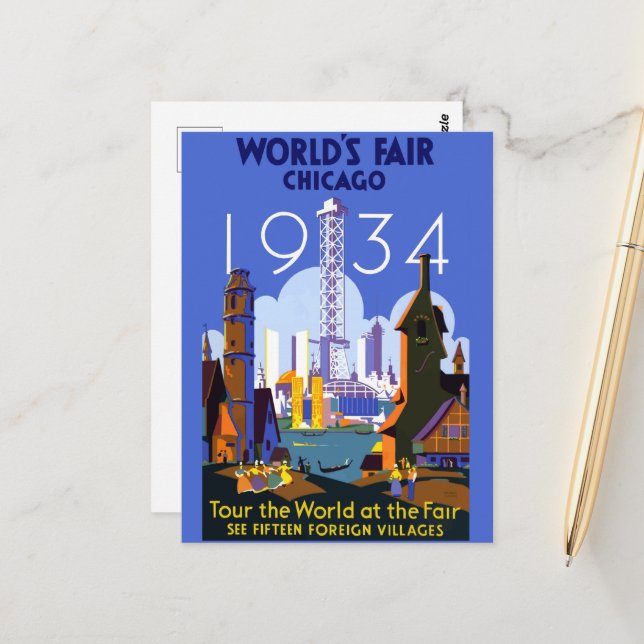 Vintage Art Deco Chicago 1934 World's Fair Poster Postcard (Front/Back In Situ)