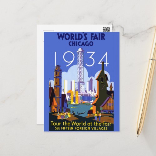 Vintage Art Deco Chicago 1934 Worlds Fair Poster Postcard