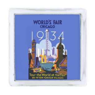 Vintage Art Deco Chicago 1934 World's Fair Poster Silver Finish Lapel Pin