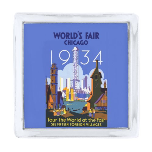 Vintage Art Deco Chicago 1934 Worlds Fair Poster Silver Finish Lapel Pin