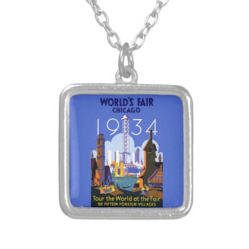 Vintage Art Deco Chicago 1934 Worlds Fair Poster Silver Plated Necklace