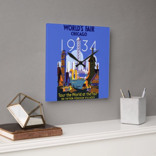 Vintage Art Deco Chicago 1934 Worlds Fair Poster Square Wall Clock