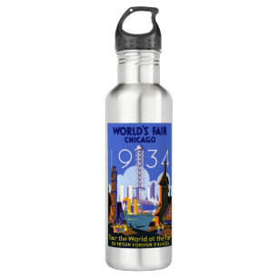 Vintage Art Deco Chicago 1934 World's Fair Poster Stainless Steel Water Bottle