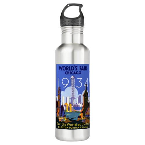 Vintage Art Deco Chicago 1934 Worlds Fair Poster Stainless Steel Water Bottle
