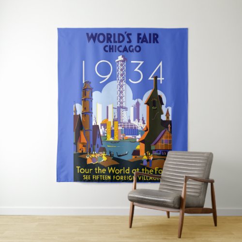 Vintage Art Deco Chicago 1934 Worlds Fair Poster Tapestry