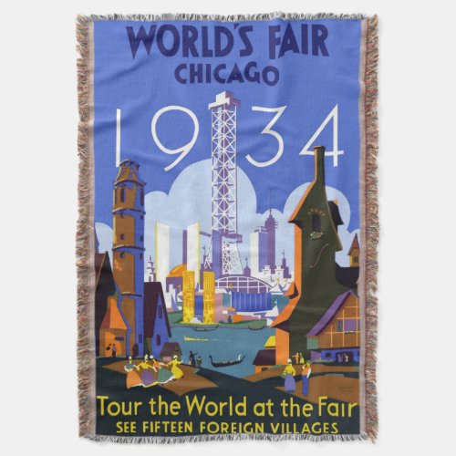 Vintage Art Deco Chicago 1934 Worlds Fair Poster Throw Blanket