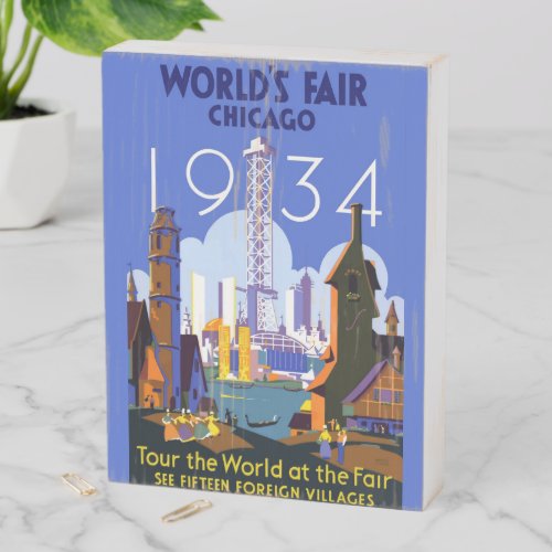 Vintage Art Deco Chicago 1934 Worlds Fair Poster Wooden Box Sign