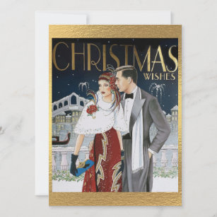 Vintage Art Deco Christmas Wishes Couple Holiday Card