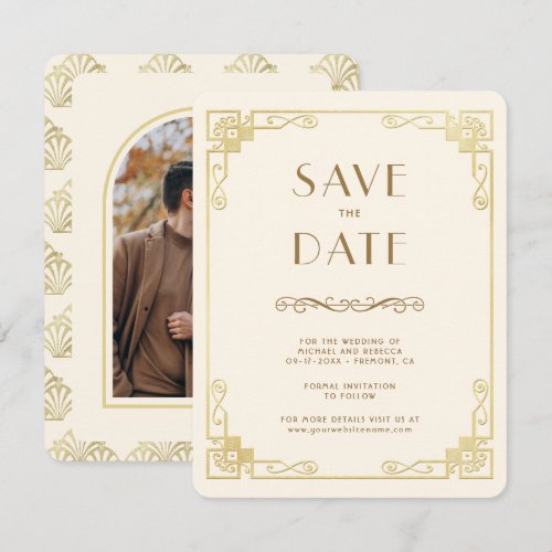 Vintage Art Deco Cream Gold Wedding Photo Save The Date