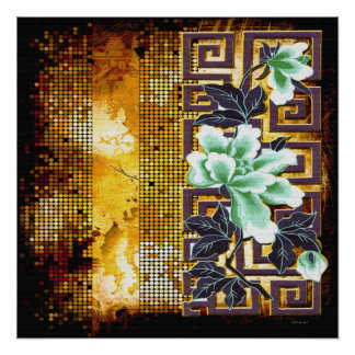 Vintage Art Deco Distressed Asian Flower Design  Poster