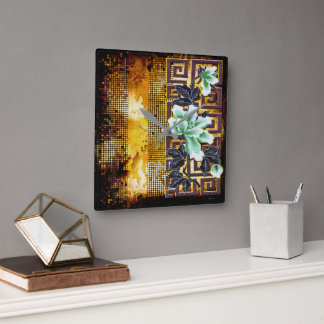 Vintage Art Deco Distressed Asian Flower Design Square Wall Clock