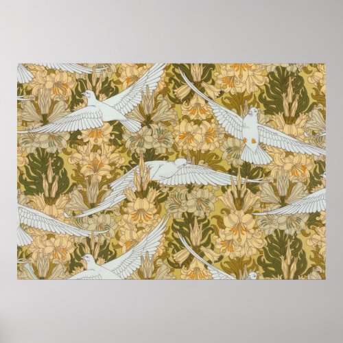 Vintage Art Deco Doves and Flowers Poster