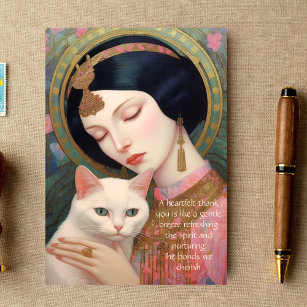 Vintage Art Deco Dreamy Design Woman and Cat  Thank You Card