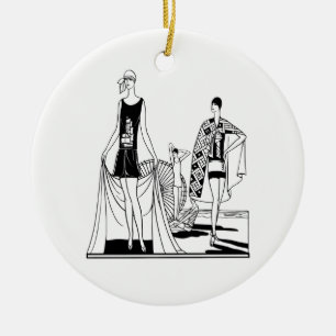 Vintage Art Deco Fashionable Ladies at the Beach Ceramic Ornament