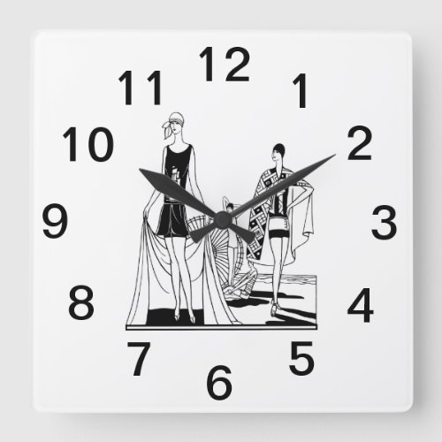 Vintage Art Deco Fashionable Ladies at the Beach Square Wall Clock