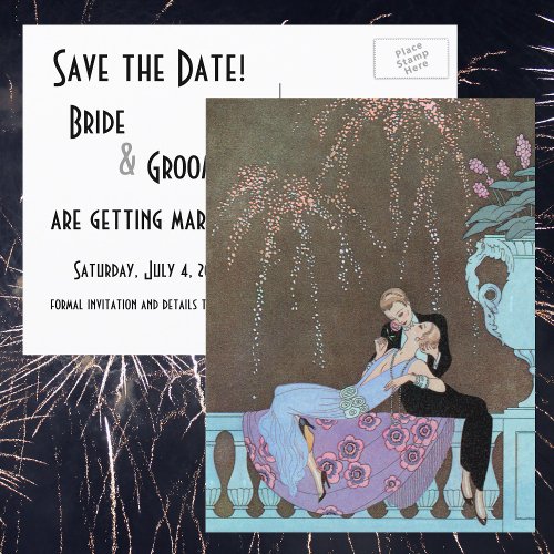 Vintage Art Deco Fireworks Kiss Save the Date Announcement Postcard