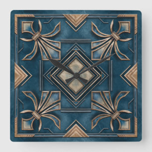 Vintage Art Deco Fleur-de-lis - Blue and gold Square Wall Clock