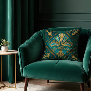 Vintage Art Deco Fleur-de-lis - Green and gold Throw Pillow