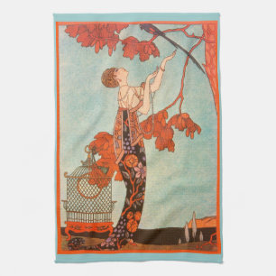 Vintage Art Deco, Flighty Bird by George Barbier Kitchen Towel