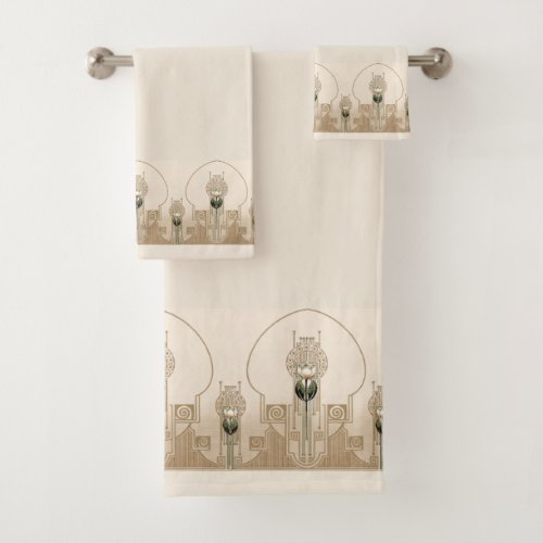 Vintage Art Deco Floral Tulip Frieze Bath Towel Set