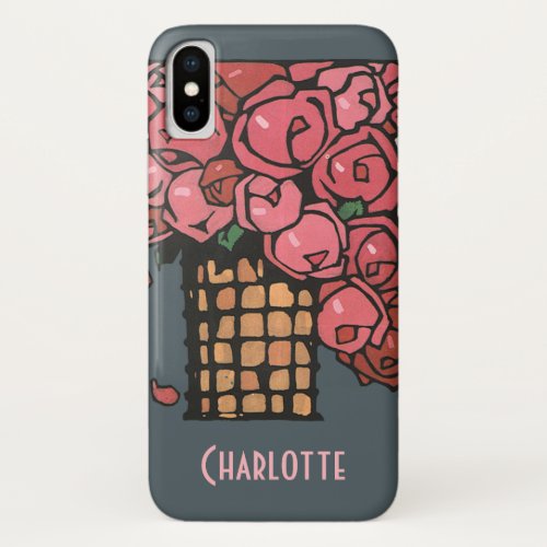 Vintage Art Deco Flowers Pink Garden Roses iPhone X Case