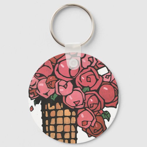 Vintage Art Deco Flowers Pink Garden Roses Keychain