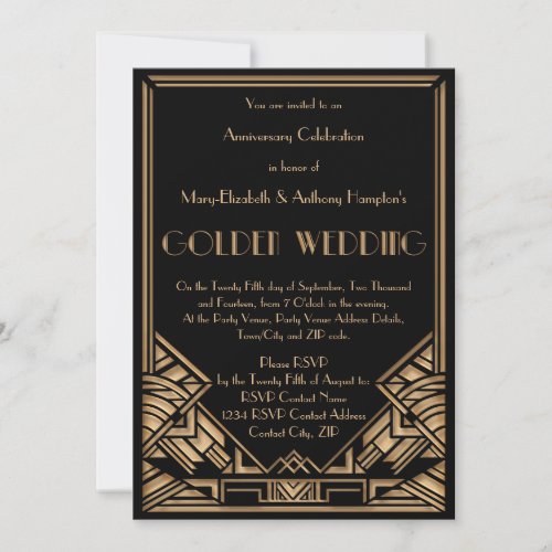 Vintage Art Deco Gatsby Golden Wedding Anniversary Custom Invitation