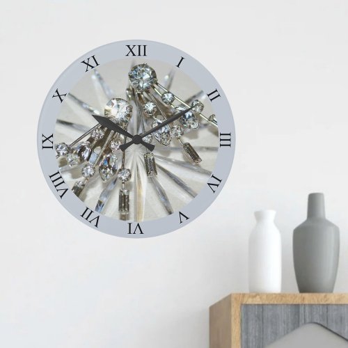 Vintage Art Deco Glam Rhinestones Acrylic  Large Clock