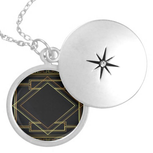 vintage art deco gold and black pattern geometric locket necklace