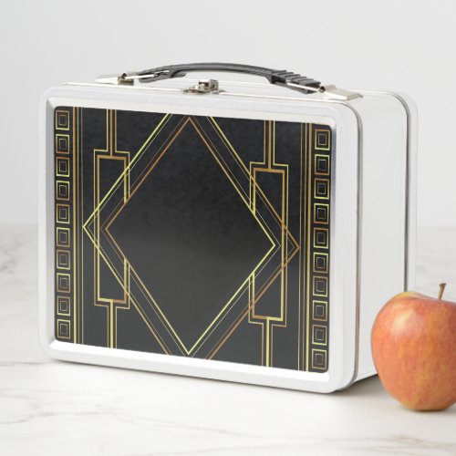 vintage art deco gold and black pattern geometric metal lunch box