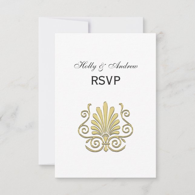 Vintage Art Deco Gold Plume Arabesque RSVP Card (Front)