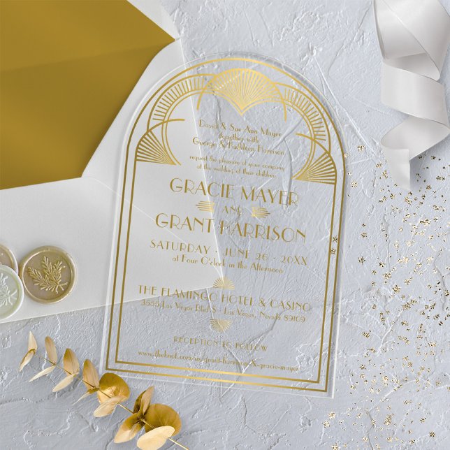 Vintage Art Deco Gold Unique Retro Arch Wedding Acrylic Invitations (Custom elegant vintage metallic gold art deco great Gatsby arch shape acrylic wedding invitation)