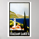 Vintage Art Deco Italian Lakes Travel Tourism Poster<br><div class="desc">This is a digitally enhanced print of a vintage 1930 Art Deco "Italian Lakes" travel tourism poster showing a lake and mountains,  with the bell tower of a church in the foreground.</div>