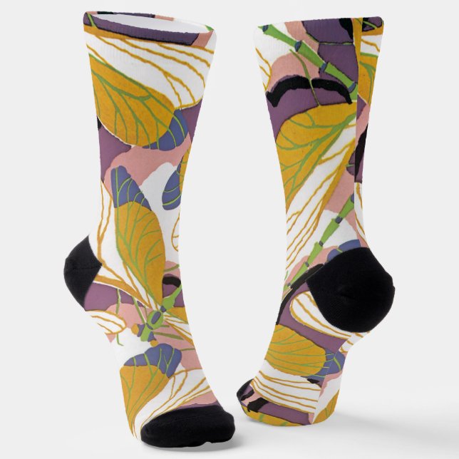 Vintage Art Deco Jazz Pochoir Garden Dragonflies Socks (Angled)