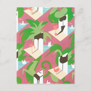 Vintage Art Deco Jazz Pochoir Palm Trees and Birds Postcard