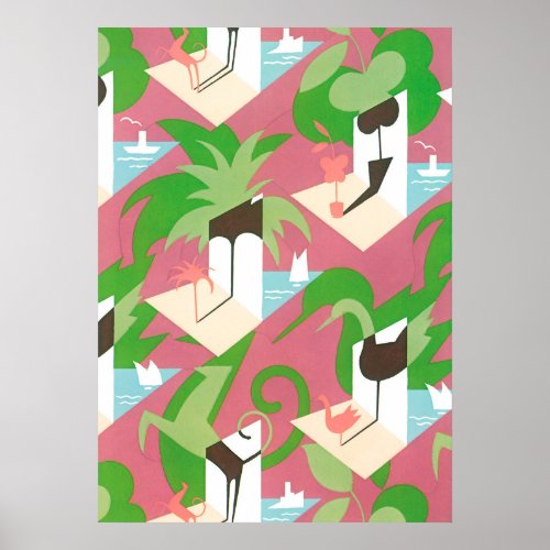 Vintage Art Deco Jazz Pochoir Palm Trees and Birds Poster