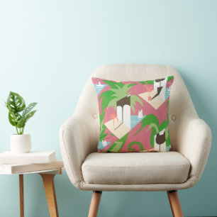 Vintage Art Deco Jazz Pochoir Palm Trees and Birds Throw Pillow