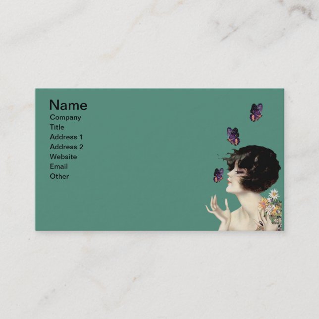 Vintage Art Deco Lady Butterfly Pretty Flowers Business Card (Front)