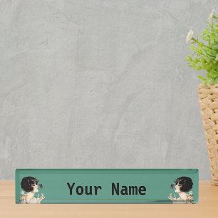 Vintage Art Deco Lady Butterfly Pretty Flowers Desk Name Plate
