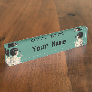 Vintage Art Deco Lady Butterfly Pretty Flowers Desk Name Plate