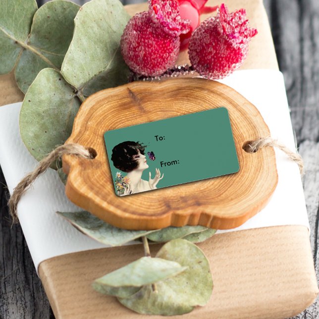 Vintage Art Deco Lady Butterfly Pretty Flowers Label (Gift tag label of Art Deco lady with butterflies and flowers on green.)