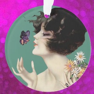 Vintage Art Deco Lady Butterfly Pretty Flowers Ornament
