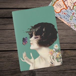 Vintage Art Deco Lady Butterfly Pretty Flowers Passport Holder