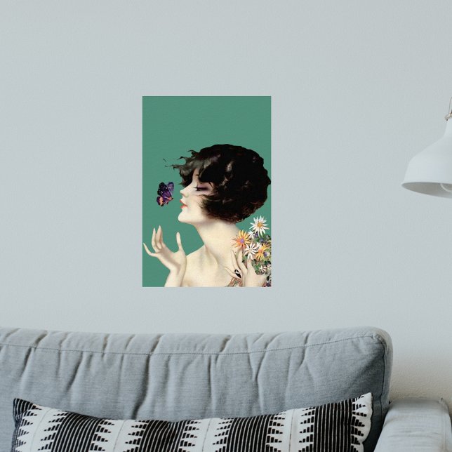 Vintage Art Deco Lady Butterfly Pretty Flowers Poster (Art deco vintage lady holding bouquet daisey flowers with purple butterfly on mint green wall poster)