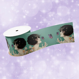 Vintage Art Deco Lady Butterfly Pretty Flowers Satin Ribbon