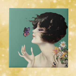 Vintage Art Deco Lady Butterfly Pretty Flowers Tile