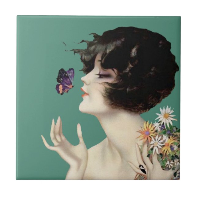 Vintage Art Deco Lady Butterfly Pretty Flowers Tile (Front)